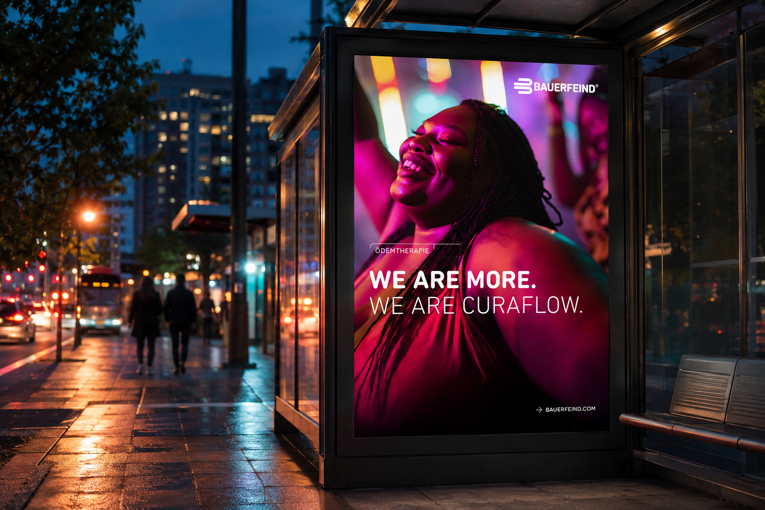 We Are More campaign artwork for VenoTrain curaflow displayed in an illuminated bus shelter at night